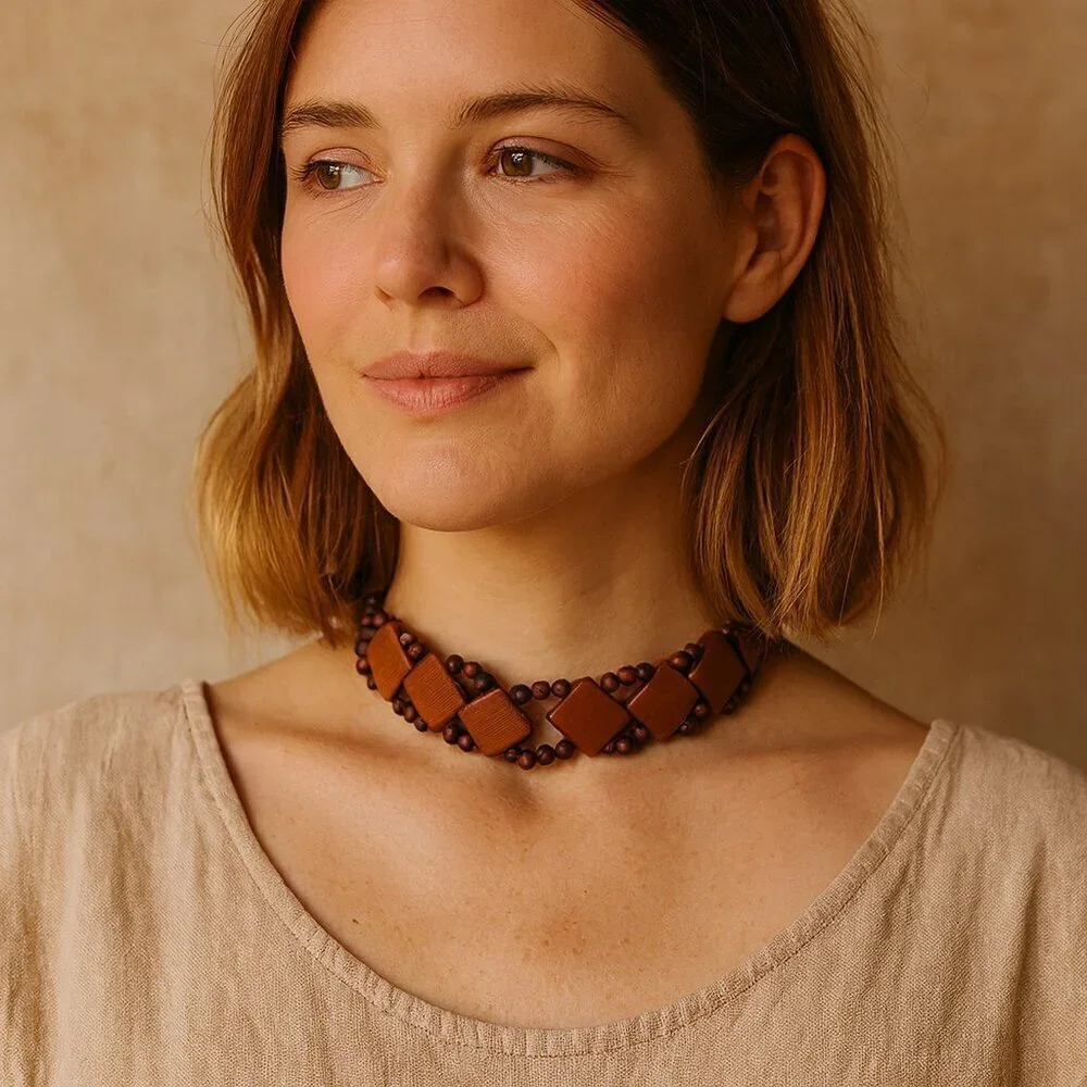 Vintage Handmade Wooden Beaded Choker Necklace With Adjustable Leather Cord